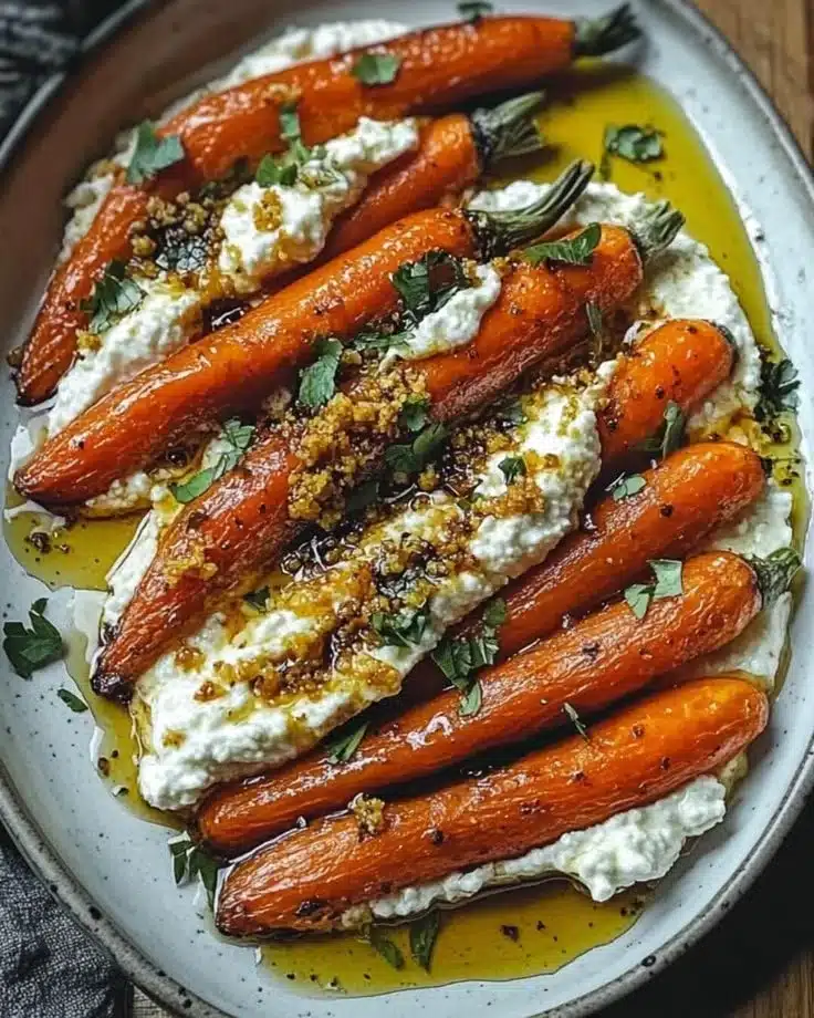 Roasted Carrots with Whipped Ricotta and Hot Honey 1 Roasted carrots served with whipped ricotta and hot honey drizzle