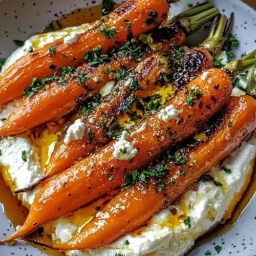 Delicious roasted carrots topped with whipped ricotta and hot honey.