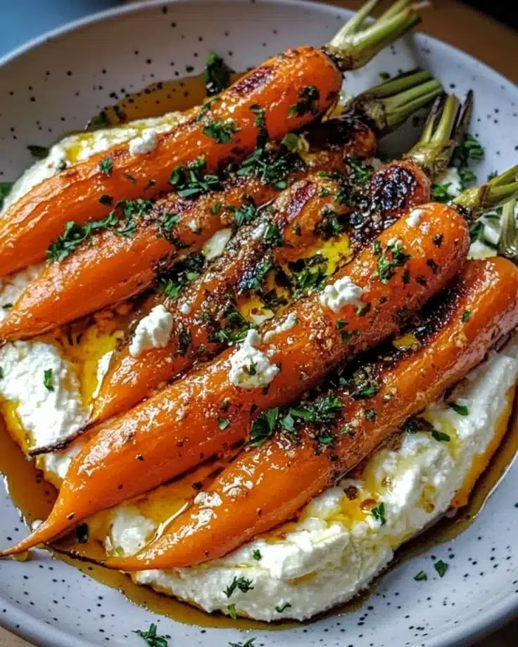 Delicious roasted carrots topped with whipped ricotta and hot honey.