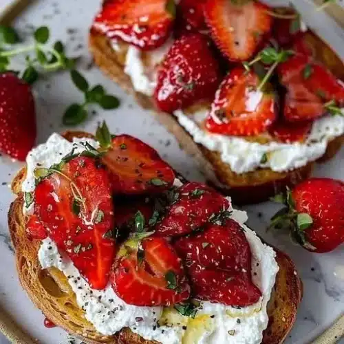 Roasted Strawberry Whipped Ricotta Toast 2 Roasted strawberry whipped ricotta toast topped with fresh strawberries.
