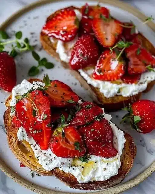 Roasted Strawberry Whipped Ricotta Toast 1 Roasted strawberry whipped ricotta toast topped with fresh strawberries.