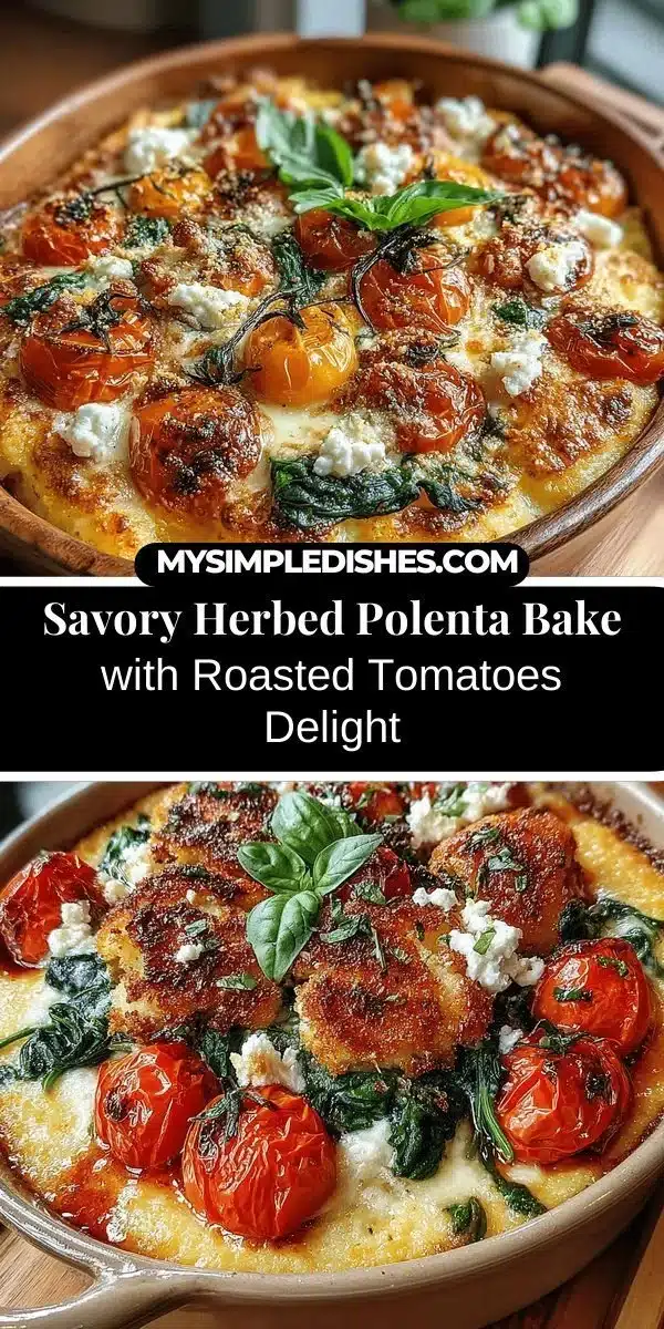 Savory herbed polenta bake with roasted tomatoes in a baking dish