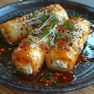 Savory Oven Fried Feta Rolls with Chili Honey Delight 2 Savory oven fried feta rolls drizzled with chili honey on a plate.