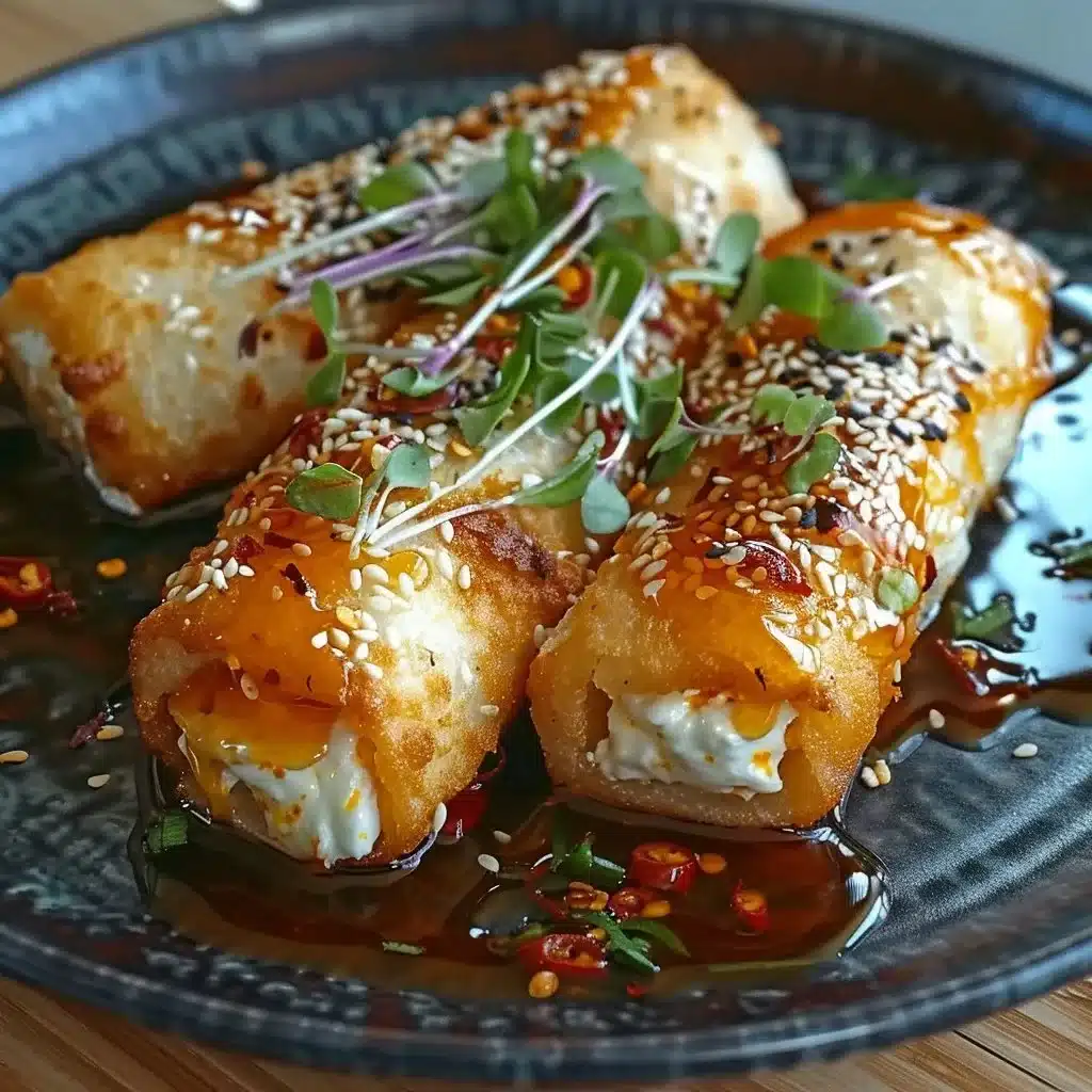 Savory Oven Fried Feta Rolls with Chili Honey Delight 1 Savory oven fried feta rolls drizzled with chili honey on a plate.
