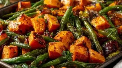 Sheet pan of roasted sweet potatoes and green beans, perfectly cooked and colorful.