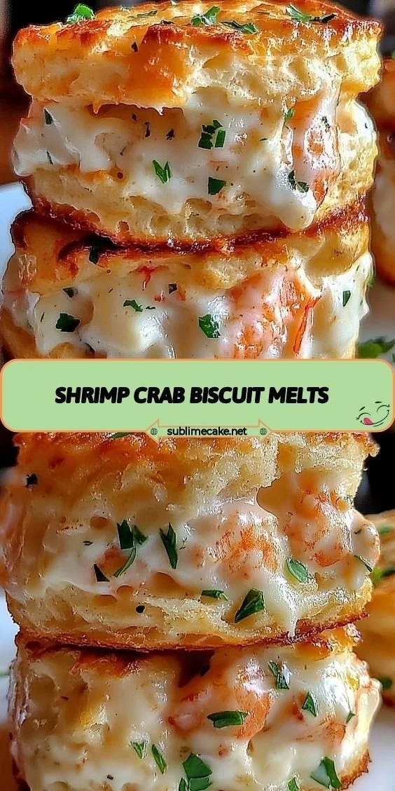 Shrimp crab biscuit melts served on a plate, garnished with herbs.