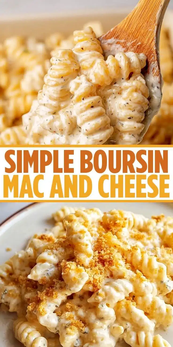 Creamy simple Boursin Mac and Cheese in a bowl with cheese topping