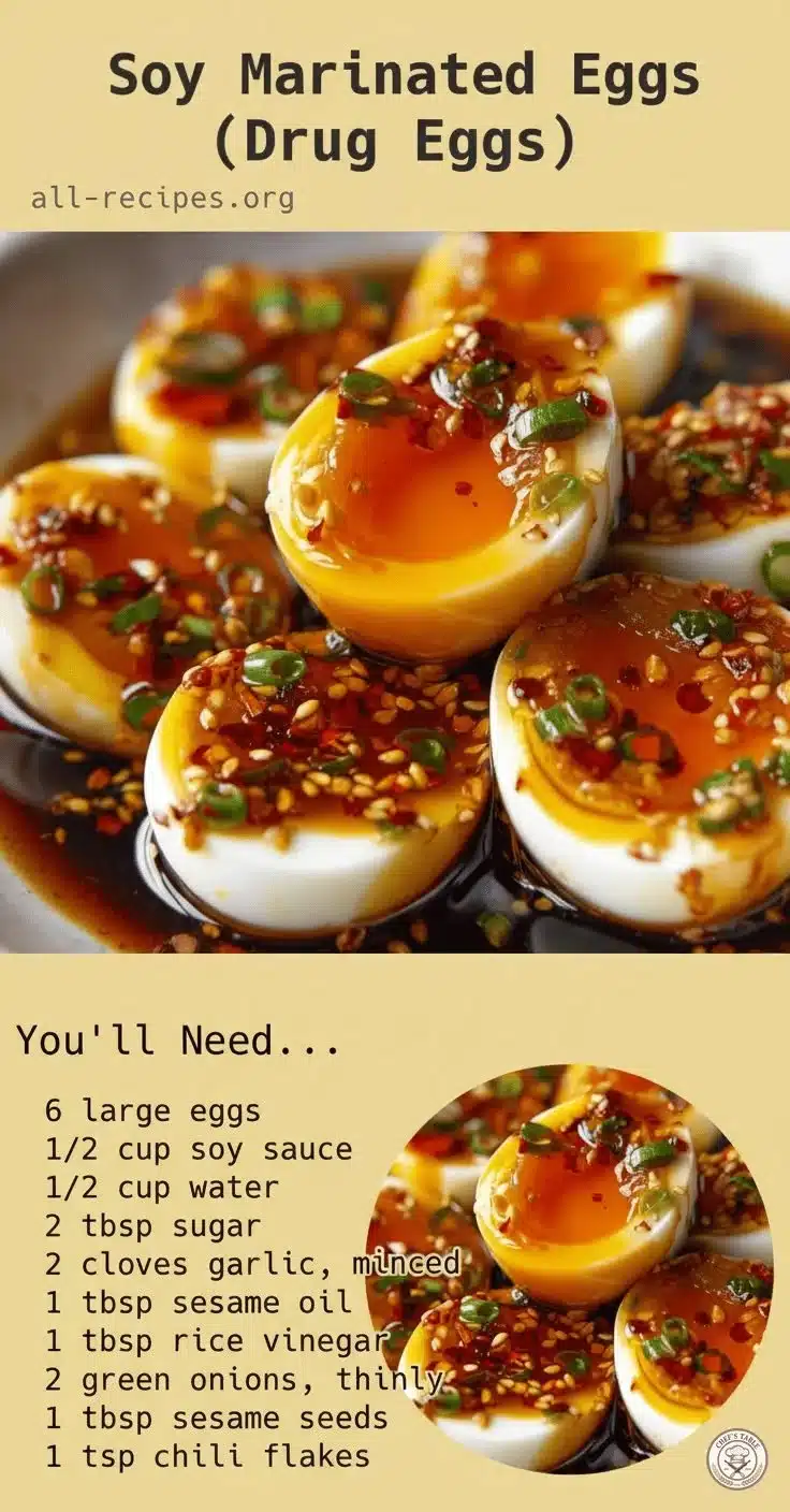 Soy marinated eggs, also known as drug eggs, showcasing rich flavors.
