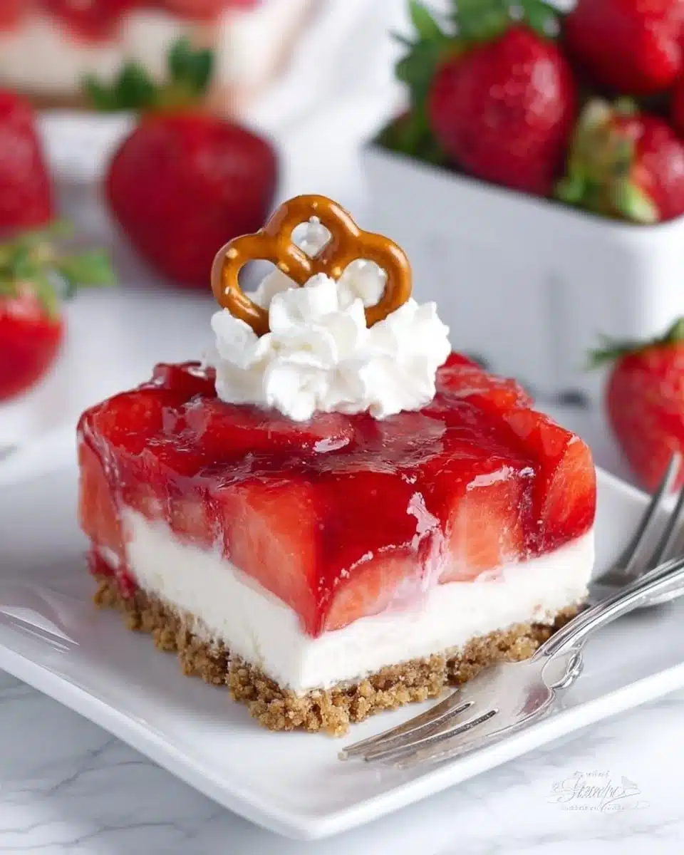 Delicious Strawberry Pretzel Salad served on a plate with strawberries and pretzels.