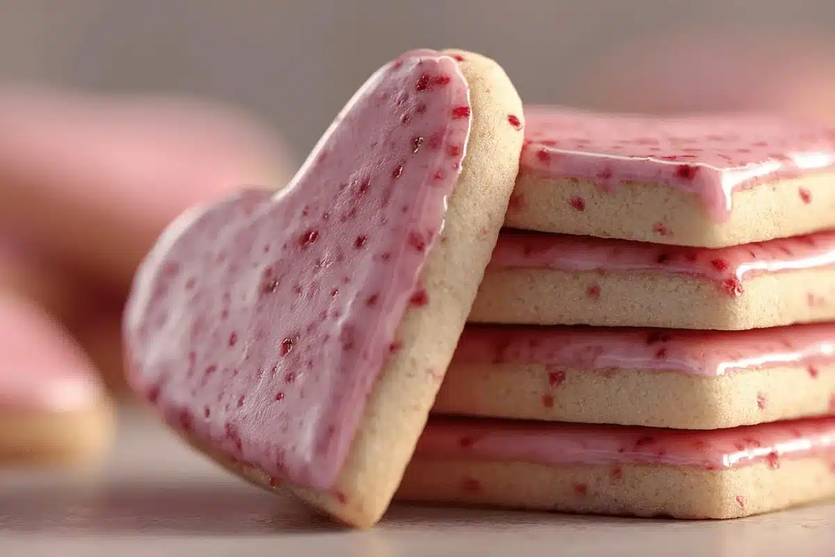 Freshly baked strawberry shortbread cookies on a platter.