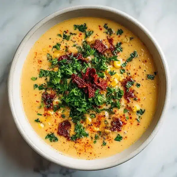 Bowl of sun dried tomato chowder garnished with fresh herbs