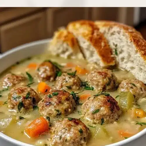 Bowl of Swedish Meatball Soup with meatballs, carrots, and herbs