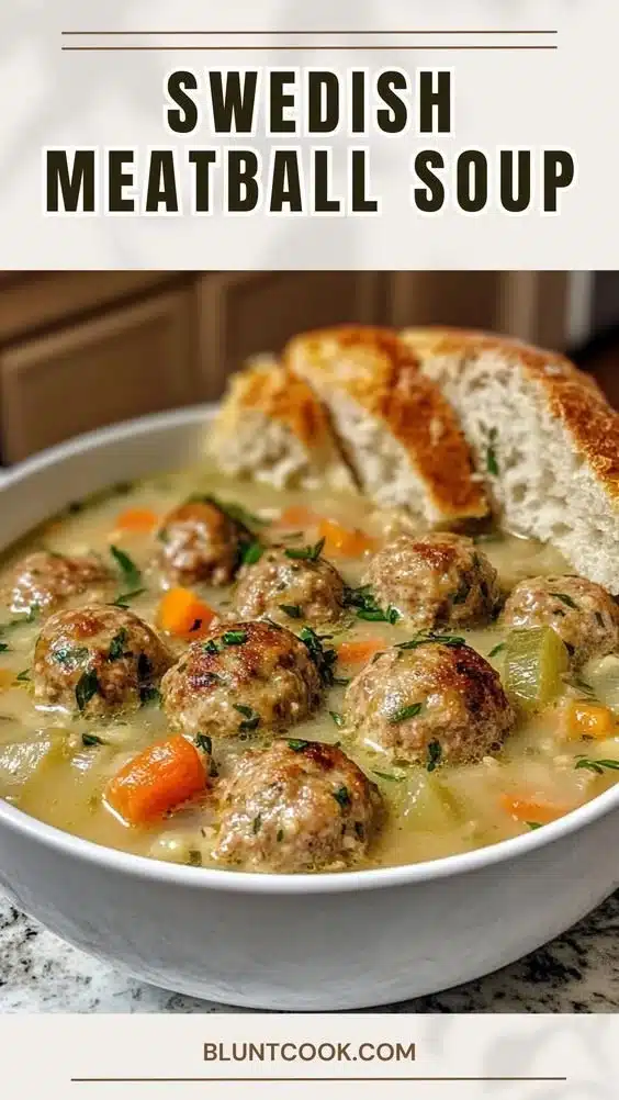 Bowl of Swedish Meatball Soup with meatballs, carrots, and herbs