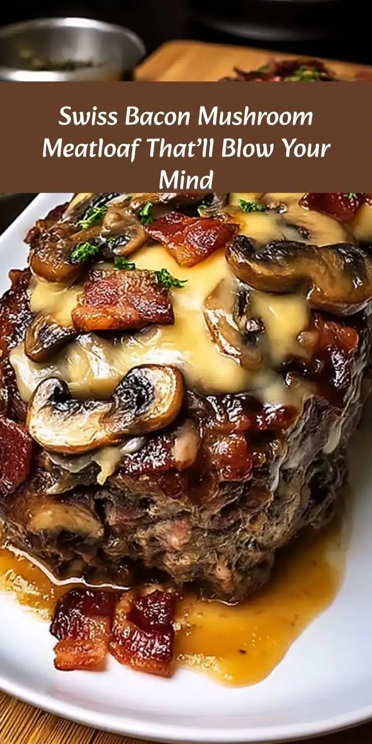 Swiss Bacon Mushroom Meatloaf 1 Delicious Swiss Bacon Mushroom Meatloaf served with garnishes on a wooden table.
