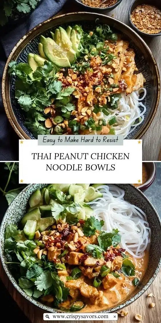 Thai Peanut Chicken Noodle Bowls 1 Thai Peanut Chicken Noodle Bowl topped with fresh vegetables and herbs