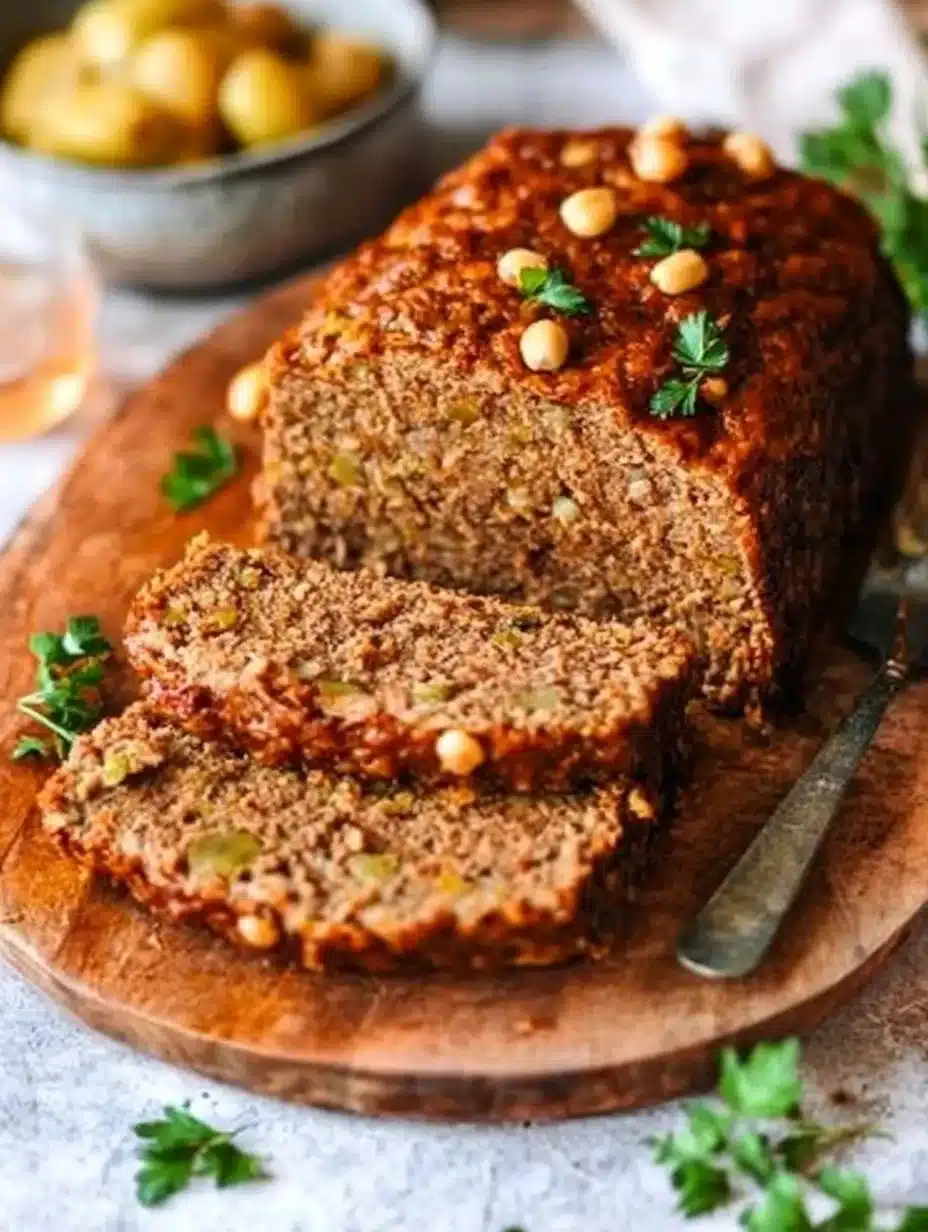 Delicious vegan lentil meatloaf served with fresh herbs and vegetables