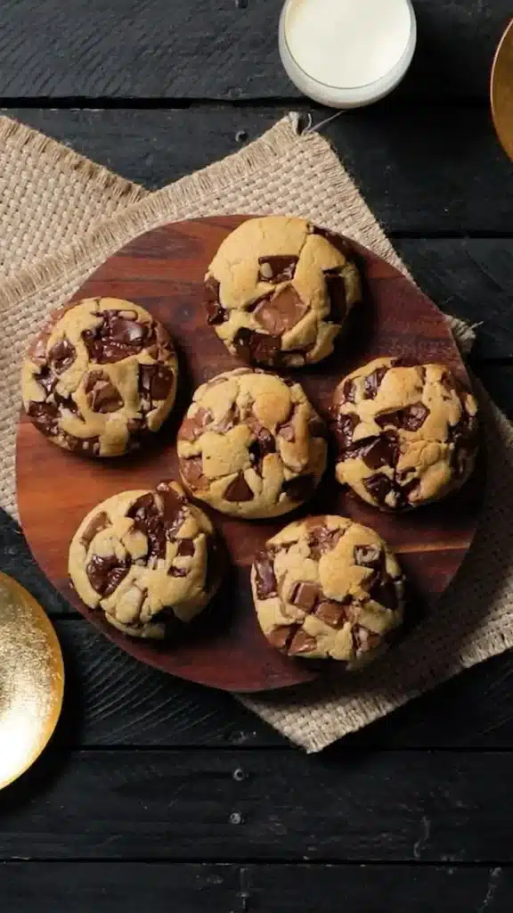 Thick chocolate chip cookies on a cooling rack