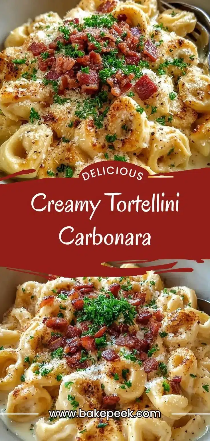 Delicious serving of tortellini carbonara topped with cheese and parsley