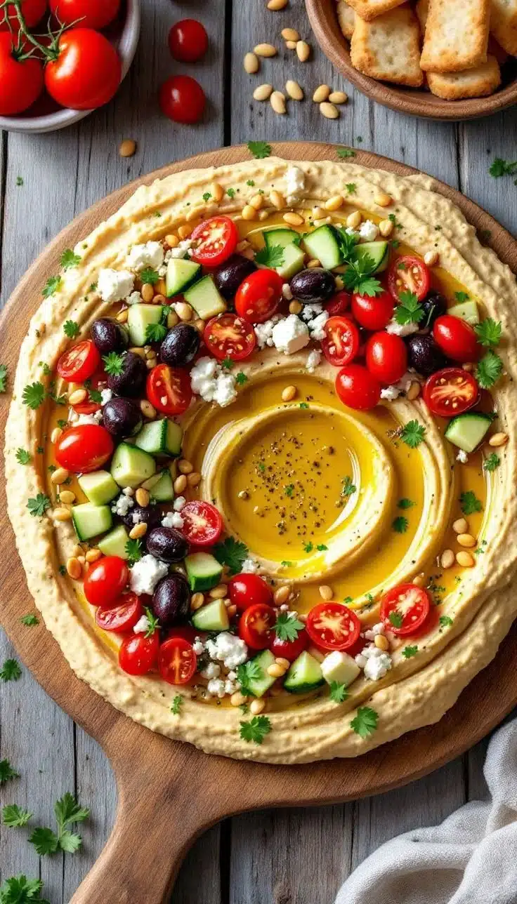 Bowl of Ultimate Greek Style Loaded Hummus topped with olives and herbs.