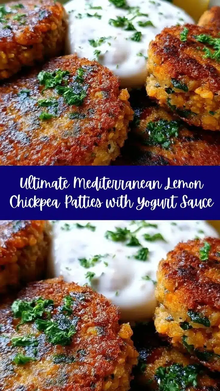 Plate of Mediterranean lemon chickpea patties with yogurt sauce