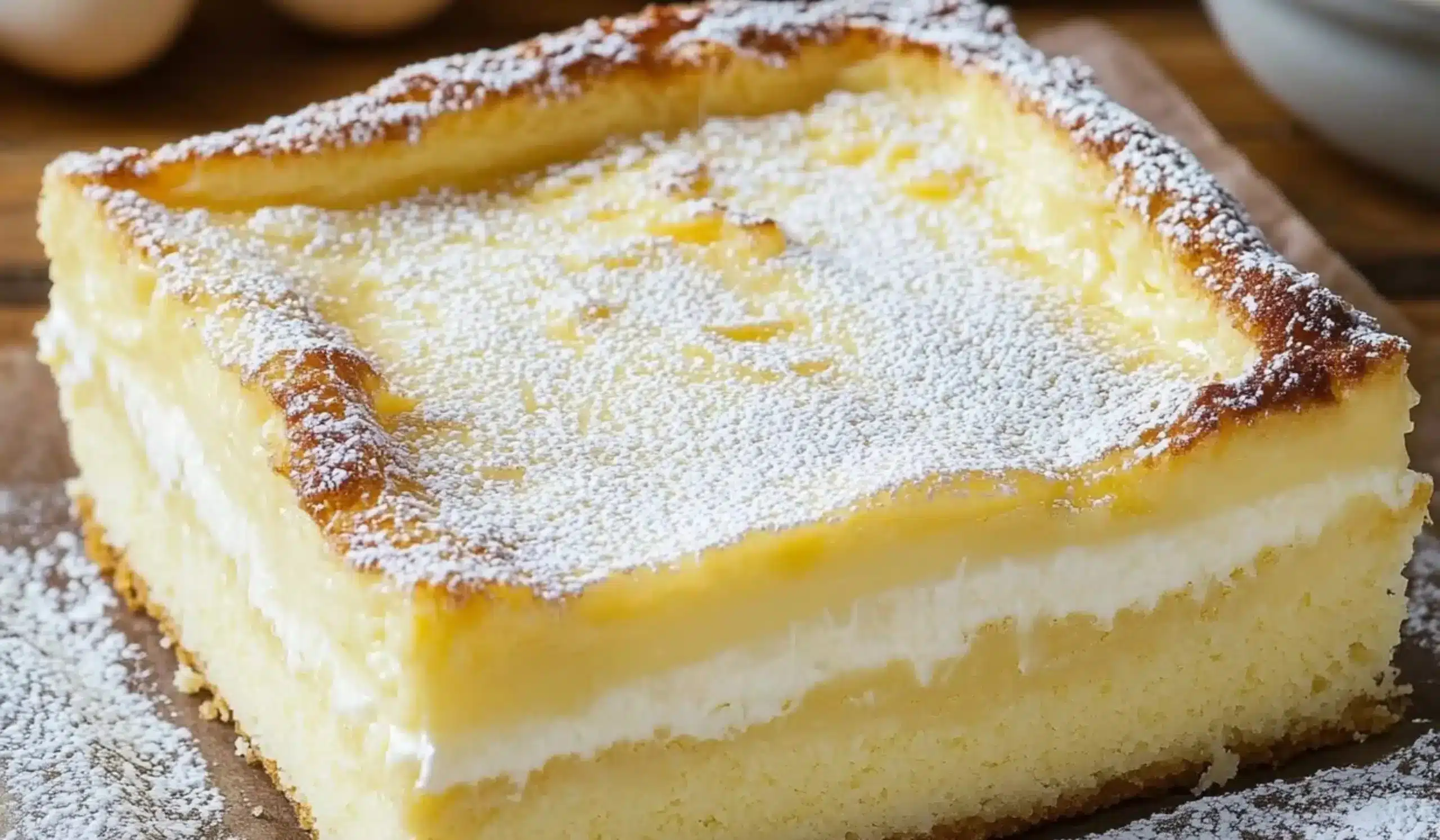 Vanilla Magic Custard Cake with creamy layers and a golden top, perfect for beginners
