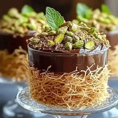 Delicious Chocolate Pistachio Kataifi Cake topped with nuts and rich chocolate.