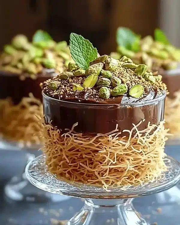 Delicious Chocolate Pistachio Kataifi Cake topped with nuts and rich chocolate.