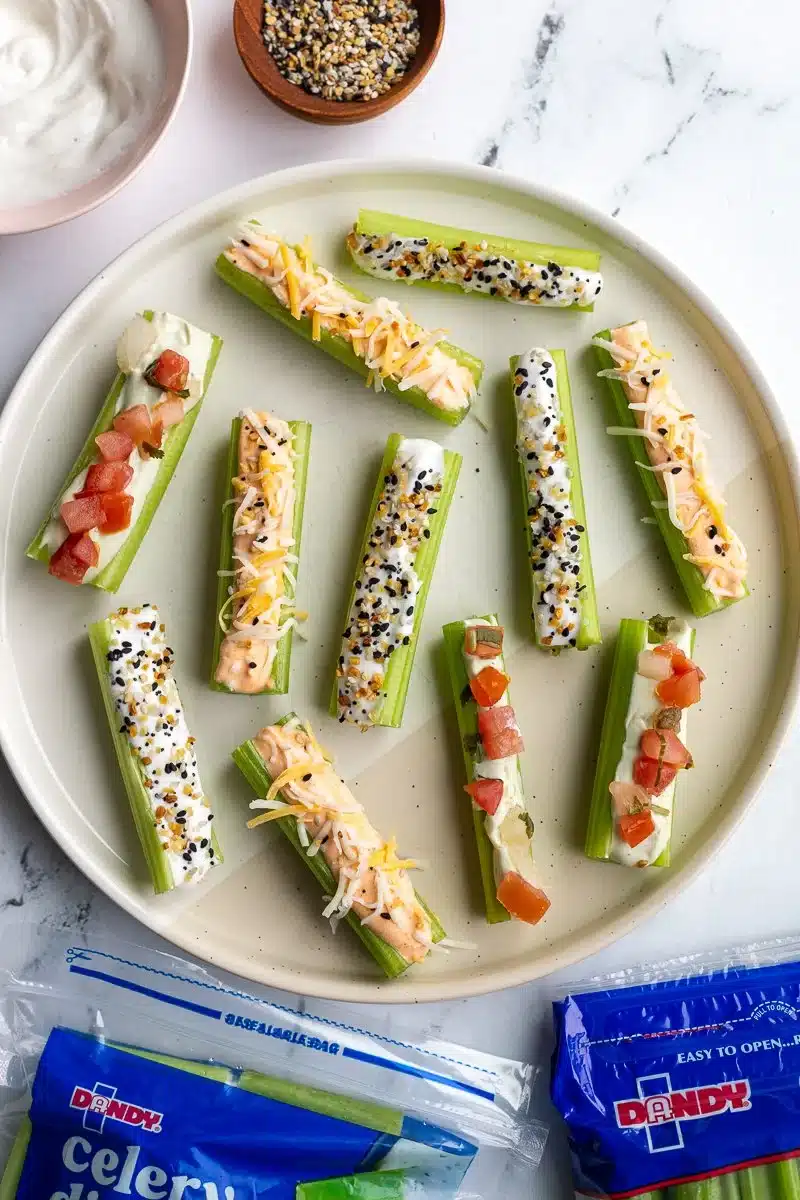 Whipped Cottage Cheese Celery Sticks 1 Whipped cottage cheese celery sticks served as a healthy snack
