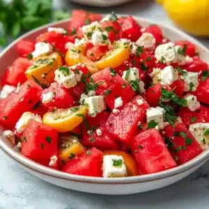 Fresh watermelon feta salad with mint and lime in a bowl