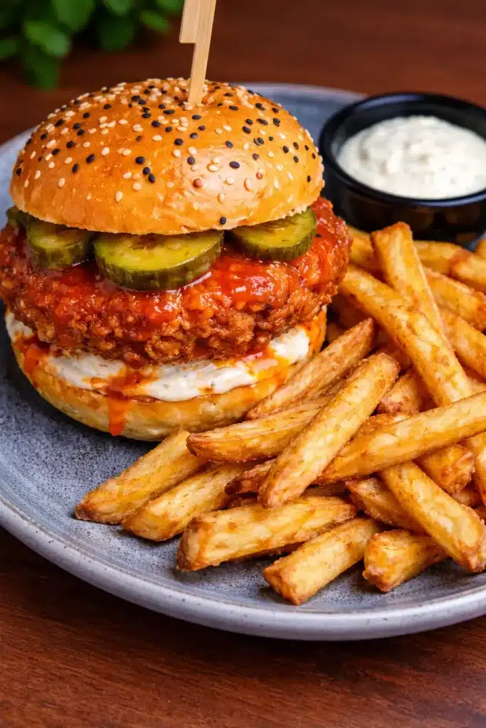 Burger au poulet epice et frites