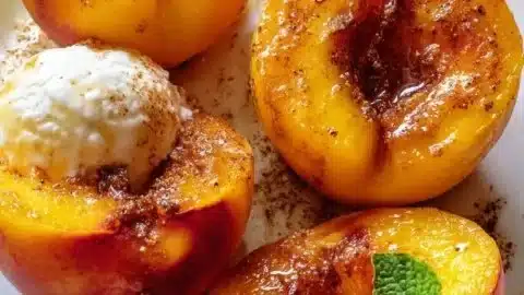 Deliciously cooked air fryer peaches served with a drizzle of honey.