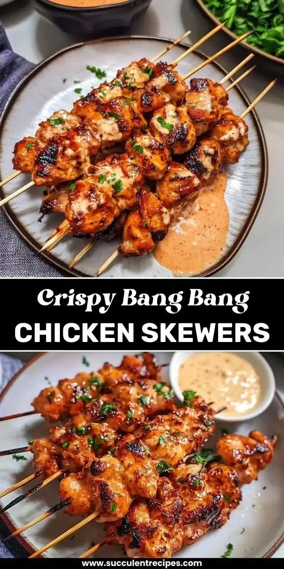 Delicious Bang Bang Chicken Skewers garnished with fresh herbs and spices
