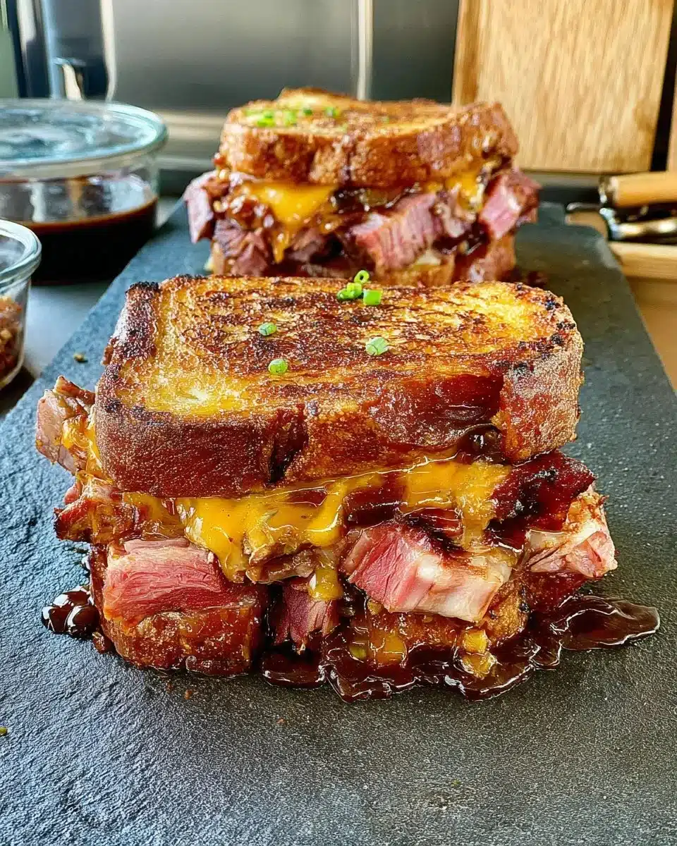 Delicious BBQ brisket melts with cheese and toppings on toasted bread