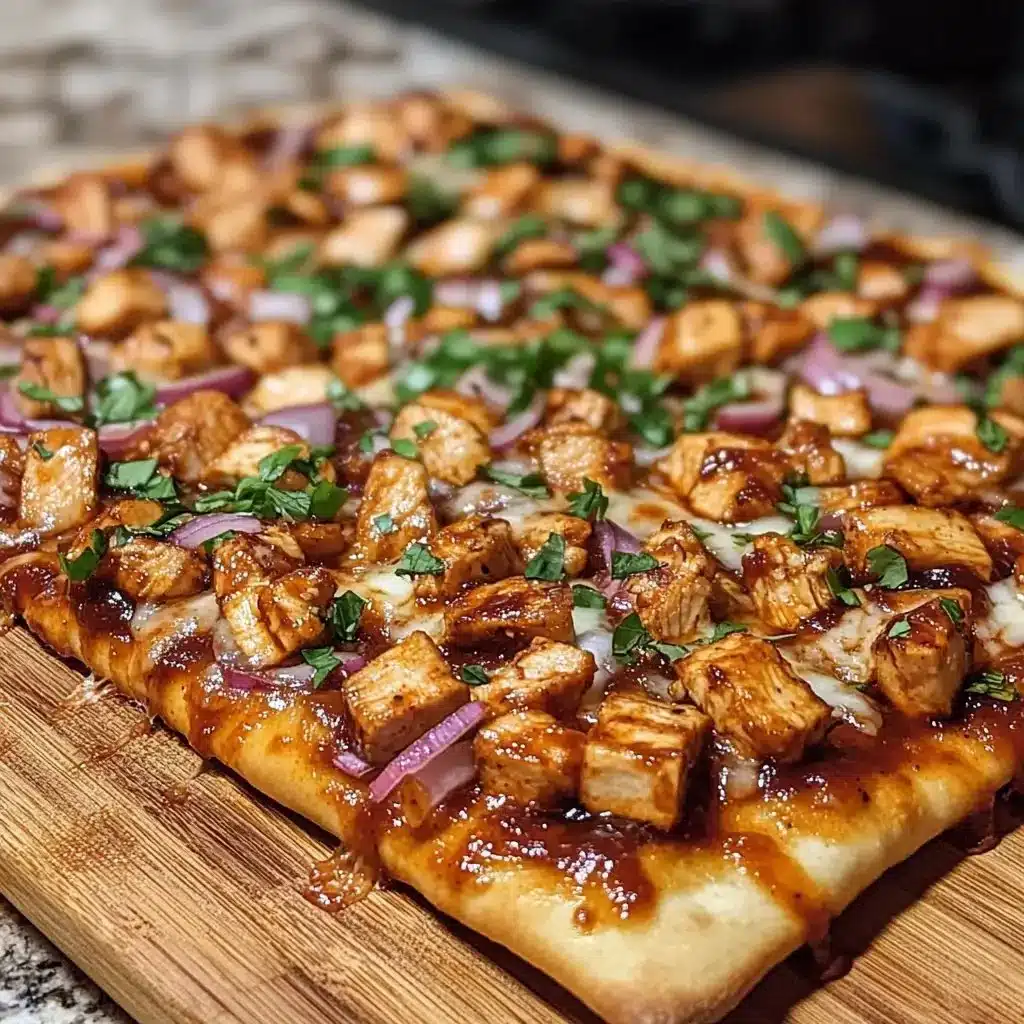 BBQ Chicken Flatbread pizza topped with cheese, chicken, and herbs