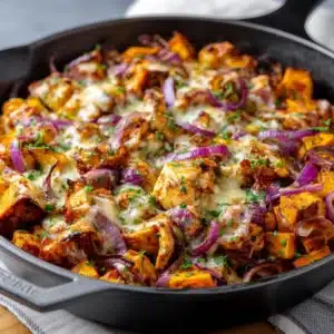 BBQ chicken sweet potato skillet served in a pan