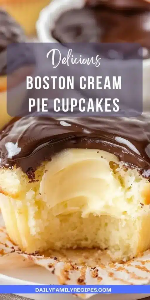 Delicious Boston Cream Pie Cupcakes topped with chocolate ganache and cream filling