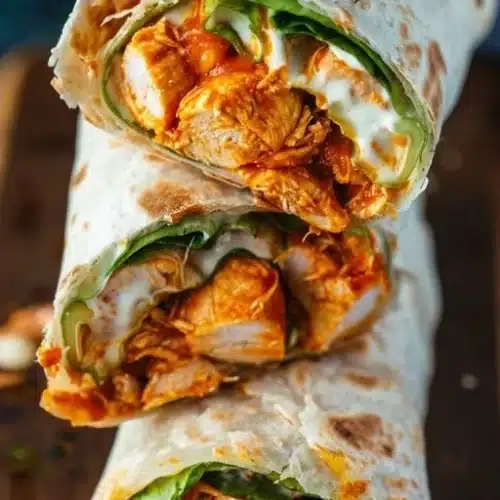 Delicious Buffalo Chicken Wraps with spicy chicken, lettuce, and dressing