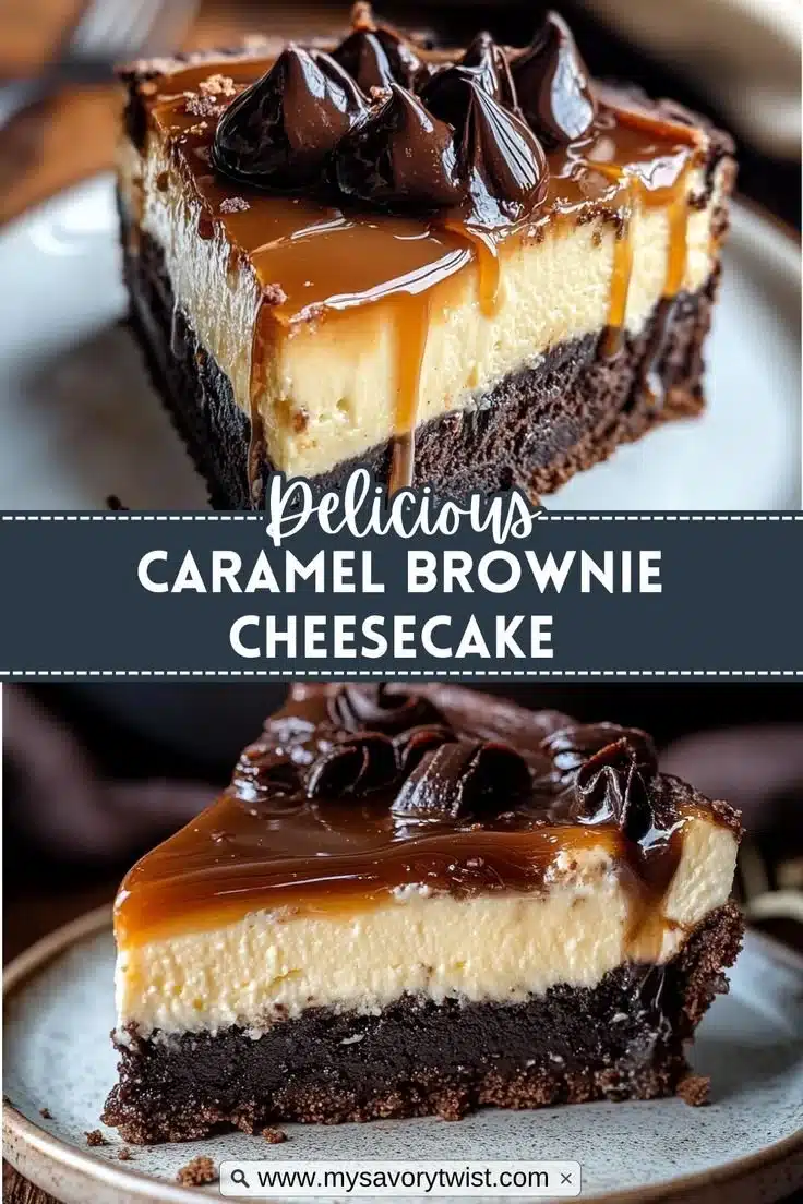 Delicious Caramel Brownie Cheesecake topped with caramel drizzle
