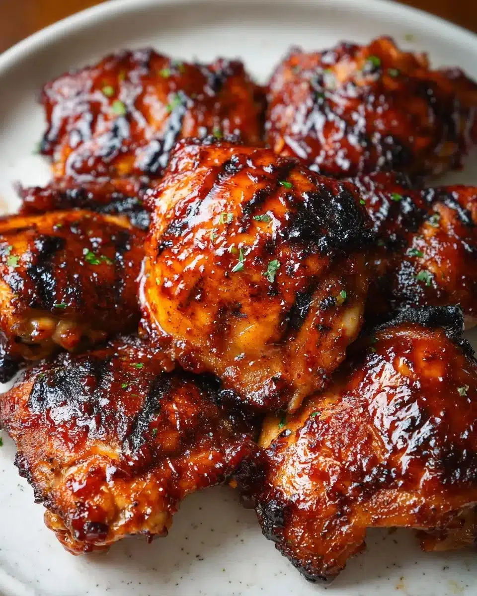Caramelized BBQ chicken thighs baked in the oven, perfectly seasoned and glazed.
