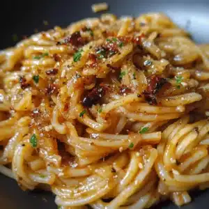 Delicious bowl of caramelized onion pasta topped with chili oil and herbs
