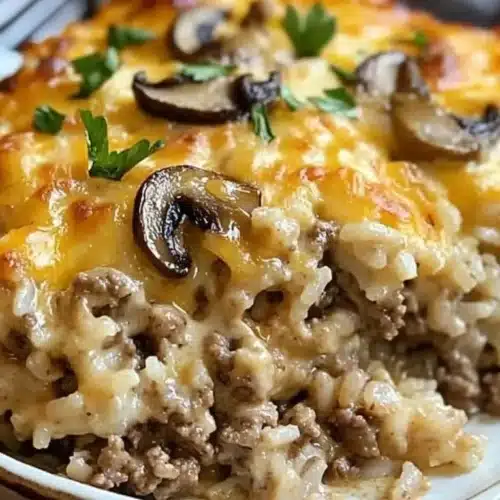 Cheesy ground beef and rice casserole served in a baking dish