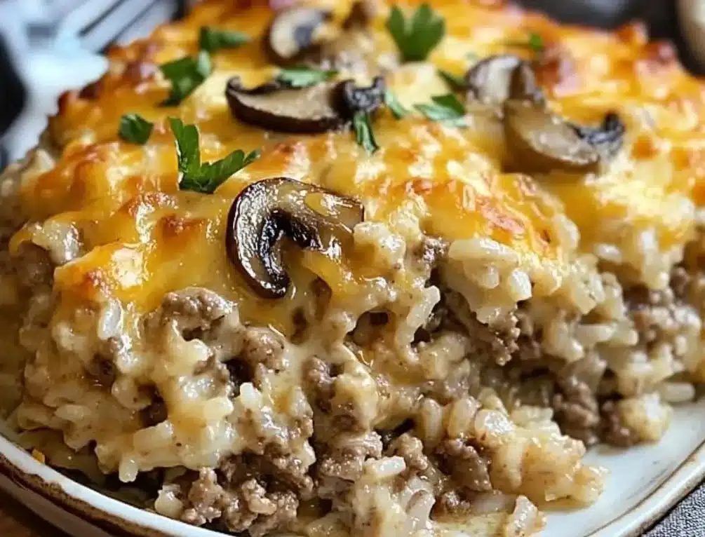 Cheesy ground beef and rice casserole served in a baking dish