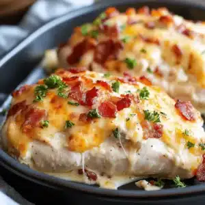 Cheesy Million Dollar Baked Chicken Breast topped with cream cheese and bacon