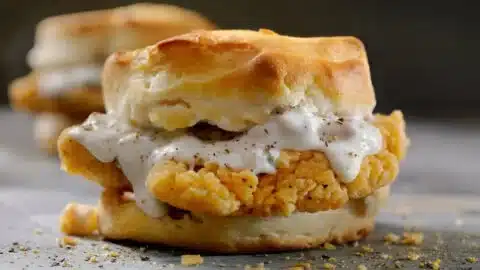 Delicious Chicken Biscuit Sandwich with crispy chicken and flaky biscuit