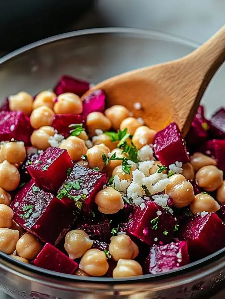 Chickpea Beet Feta Salad with colorful veggies and feta cheese