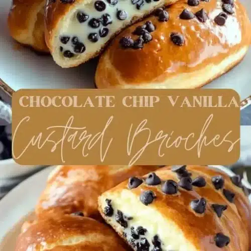 Delicious chocolate chip brioches filled with vanilla custard on a plate.