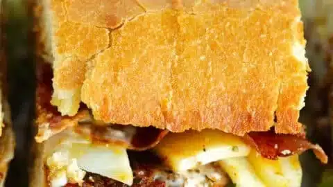 Delicious ciabatta sandwich filled with fresh veggies and meats