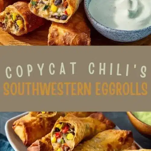 Copycat Chili's Southwestern Eggrolls 2 Homemade Copycat Chili's Southwestern Eggrolls served with dipping sauce.