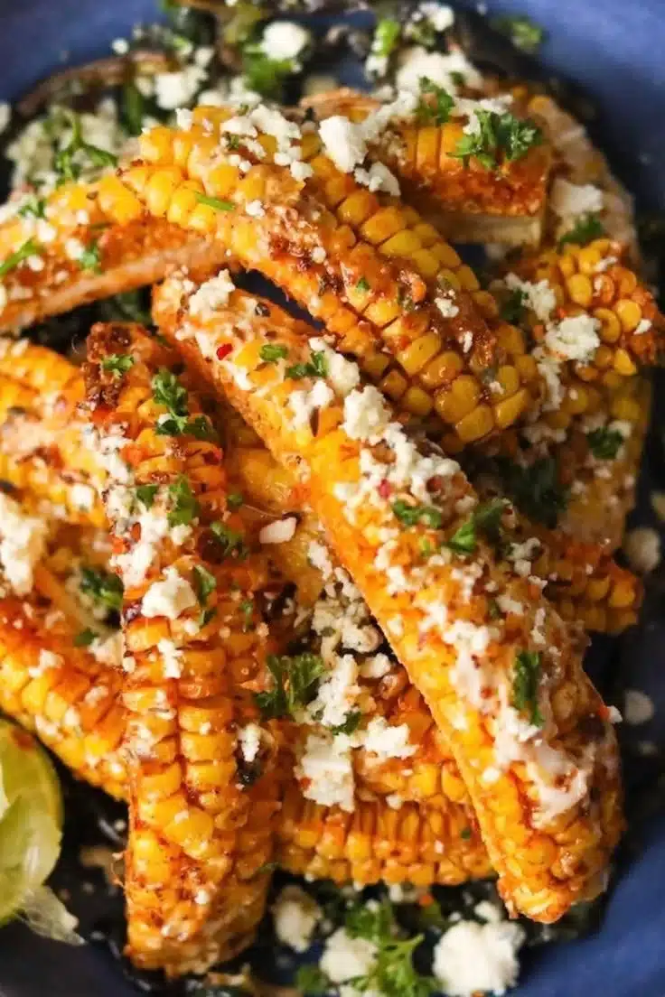 Delicious corn ribs served in elotes style, topped with spices and cheese.