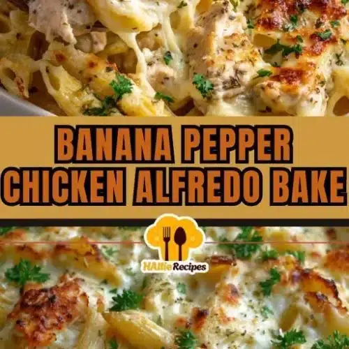 Creamy Banana Pepper Chicken Alfredo Bake dish ready to serve